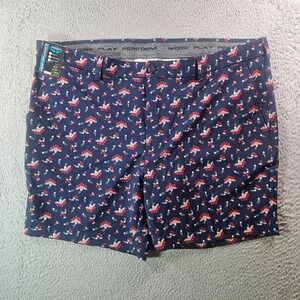 NWT Roundtree & Yorke Performance Shorts Mens 42‎ x 7" Game Print Navy Blue